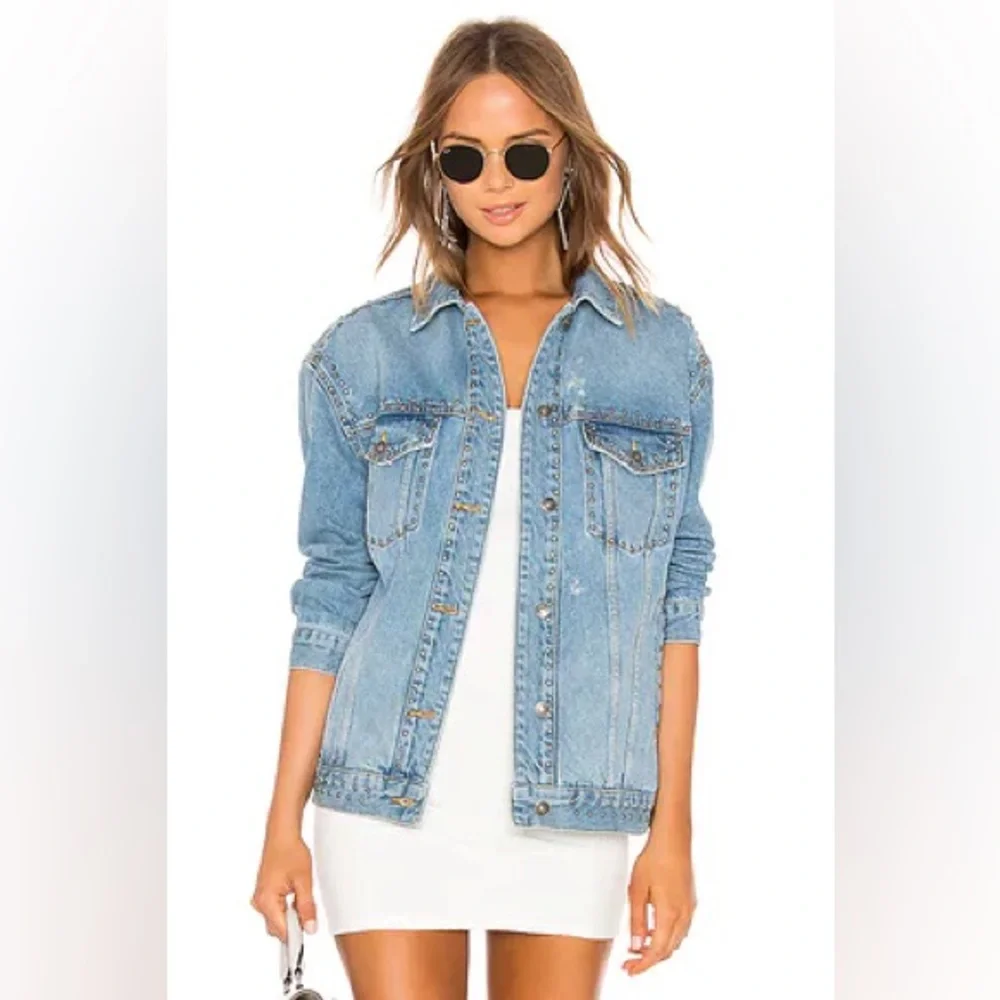 Free People Studded Denim Trucker Jacket in Blue Size Small - Picture 3 of 11